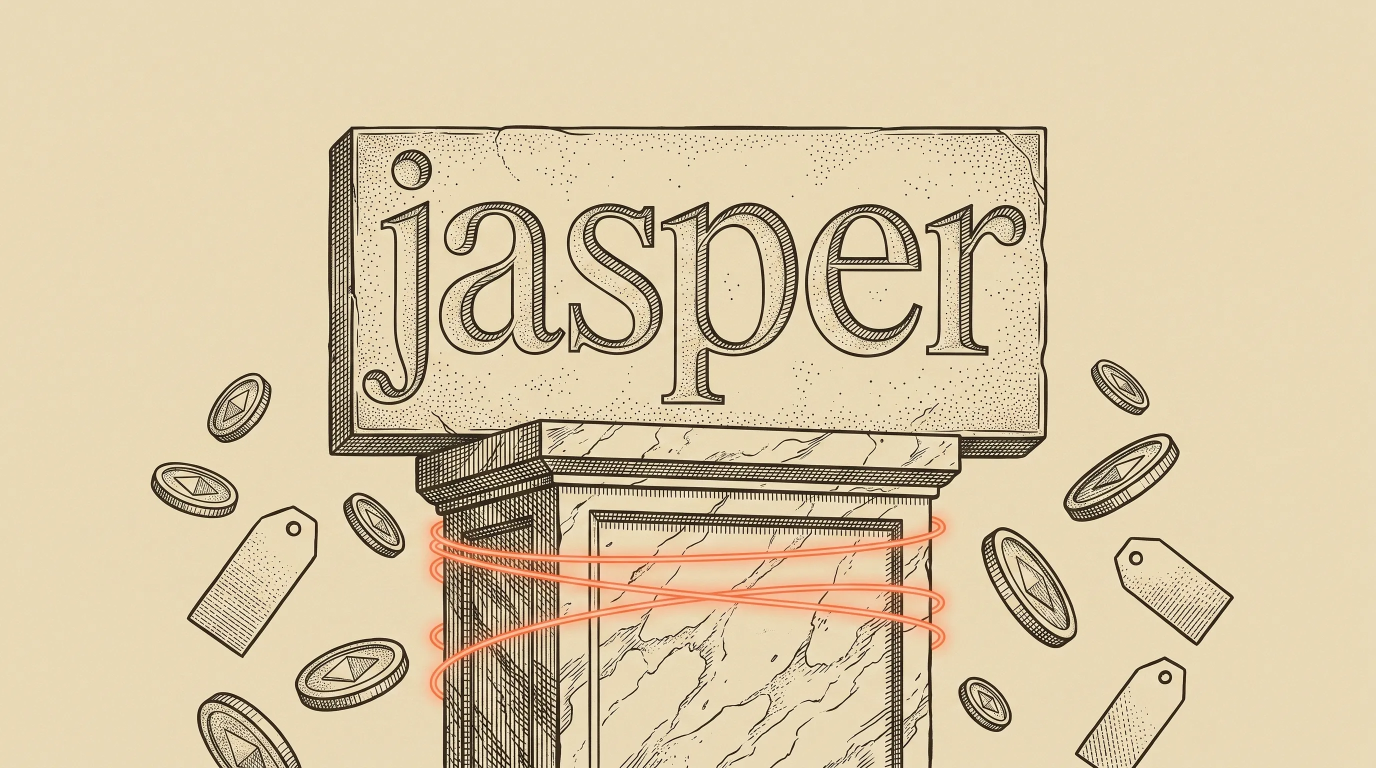 Kaiverrustyylinen kansikuva Jasper AI:n hinnasta ja alennuksista: Jasper-logo jalustalla kolikoiden ympäröimänä.