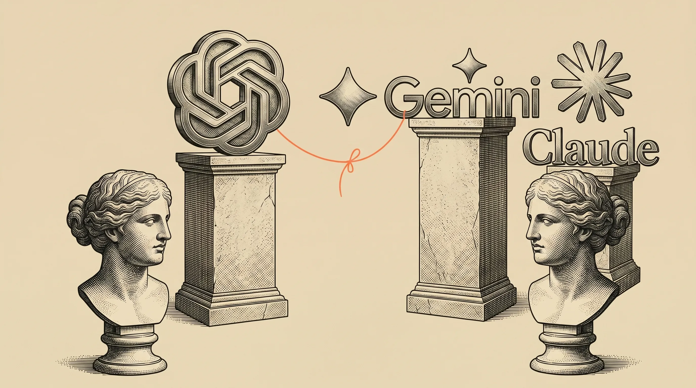 Kaiverrustyylinen kansikuva tekoälychatbottien vertailusta: ChatGPT, Gemini ja Claude.